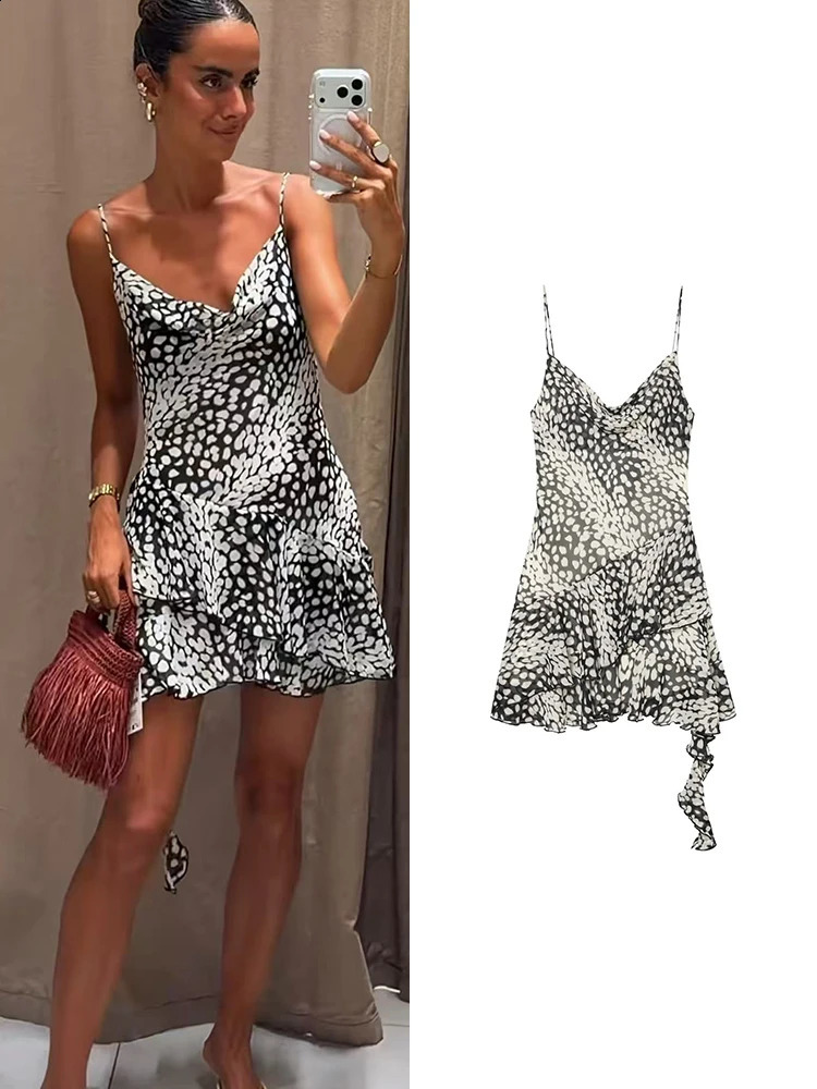 TFMLN Women's Sling Dress Sleeveless Print Dress Summer Tulle Mini Backless Ruffle Asymmetrical Dress Fashion Elegant Party Wear 260917
