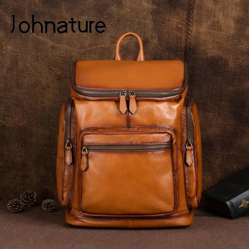 Johnature Vintage Genuine Leather Men Backpack Large Capacity Outdoor Travel Bags Natural Soft Cowhide Fashion Laptop Backpacks 260916