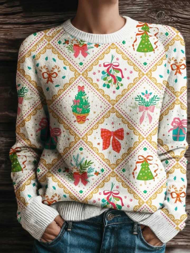 Womens Christmas Print Sweater Loose Fit Stretchy and Warm Colored LongSlved Round Neck Featuring Christmas Bows and Diamond Prints a Daily Elegant