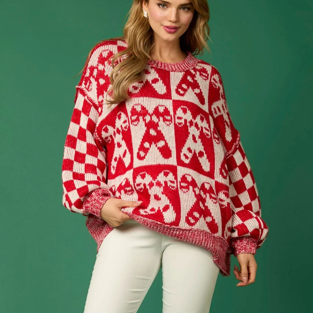 Combhasaki Womens HalloweenChristmas Round Neck Long Sleeve Sweaters Aesthetic Gingerbread Man Print Knit Loose Pullovers Tops 260917