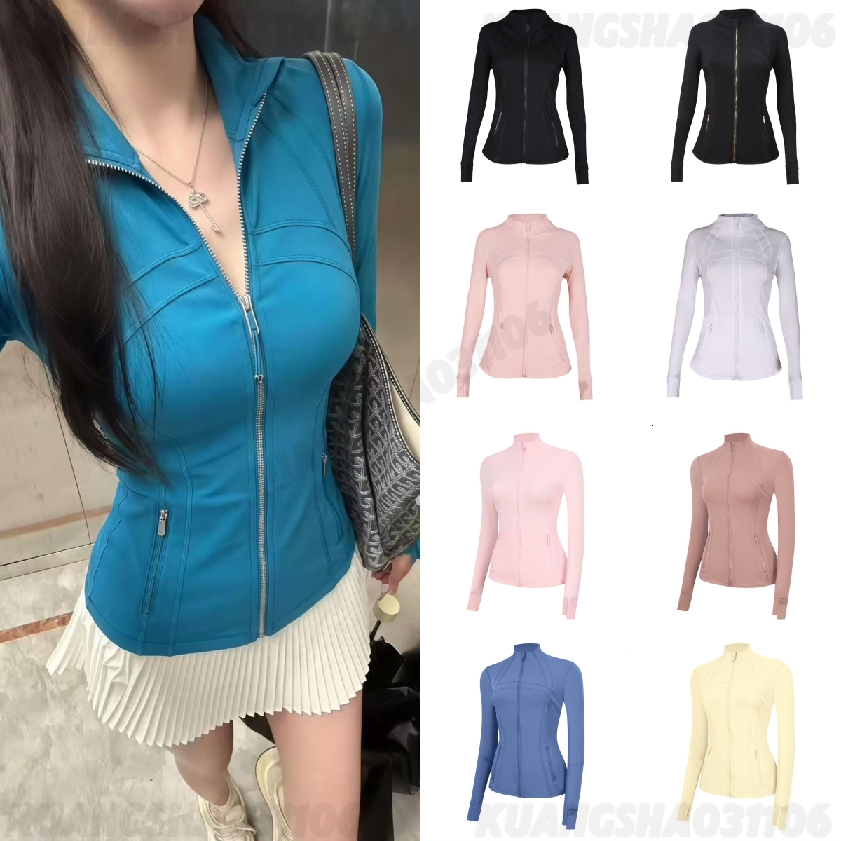 Women Yoga Jacket Cropped Zip Up Long Sleeve Gold Zipper Breathable Quick Dry Stretch Slim Fit Solid Color Nude Jogging Pilates Gym Sportswear Activ