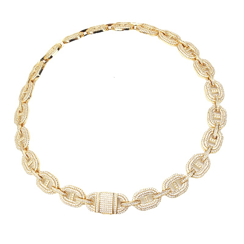 Trendy Cuban link chain, a popular item in European and American fashion, perfect for street style and hip-hop looks. Available as a full-paved neck