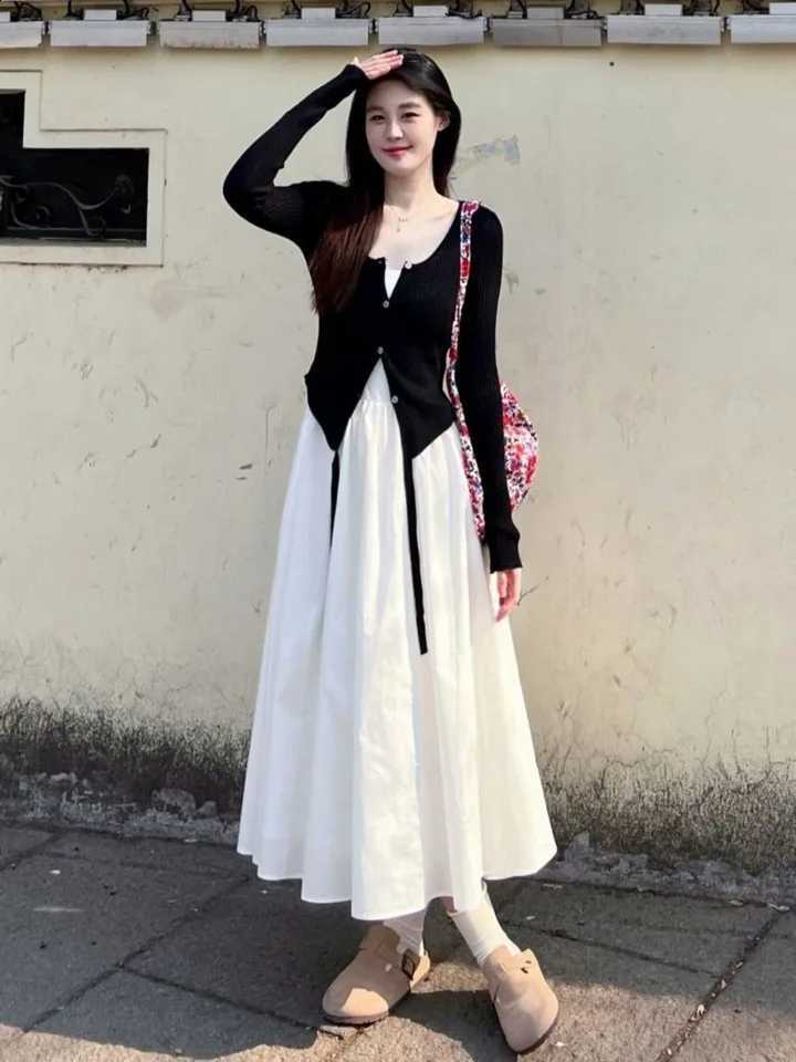 Chic French Women's Long Autumn Sleeve Knit Cardigan And Sleeveless Maxi Dress 2-Piece Set Stylish Outfit Camisole Dress WhiteW260915