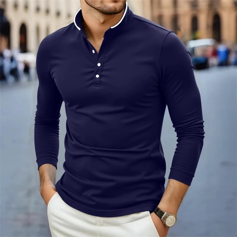 Men's Casual and Fashionable Solid Color Long Sleeved Stand Up Collar T-shirt Summer Versatile and Comfortable Top 260916ww