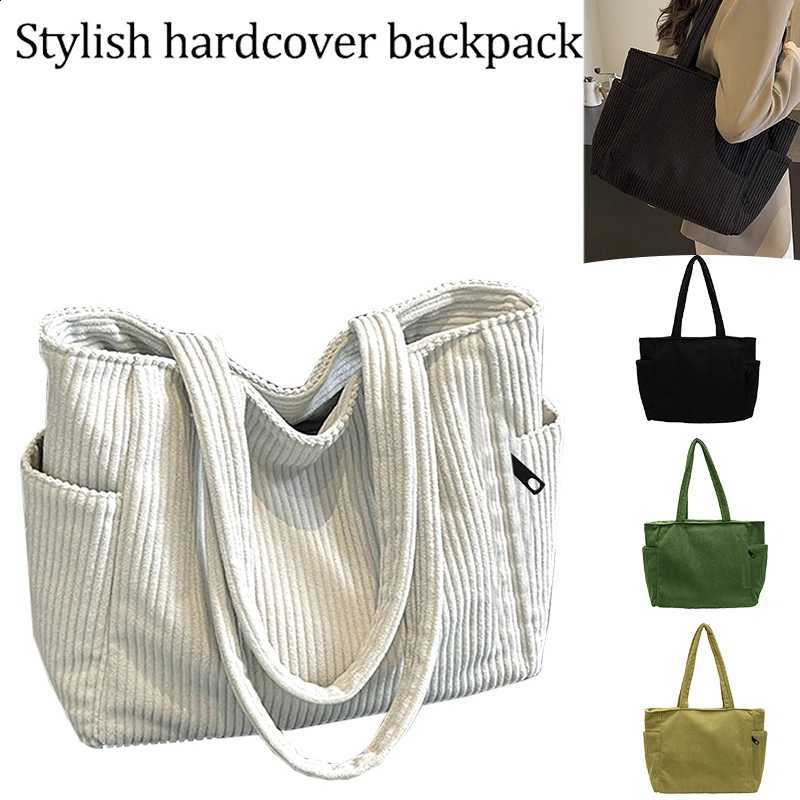 Basic Solid Color Striped Corduroy Tote Purse Spacious Top Handle Shoulder Bag Available in Black White and Green Shades H260916