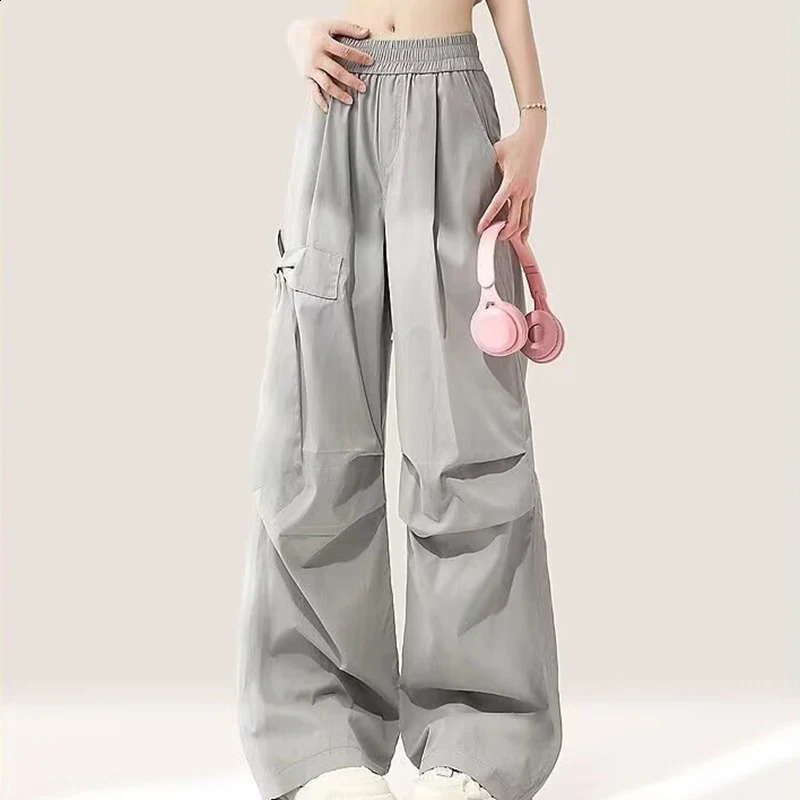 Stylish Bow Gray Cargo Pants Women Summer Elastic High Waist Wide Leg Pants Casual Loose Quick Dry Hiking Sports Pants 260917