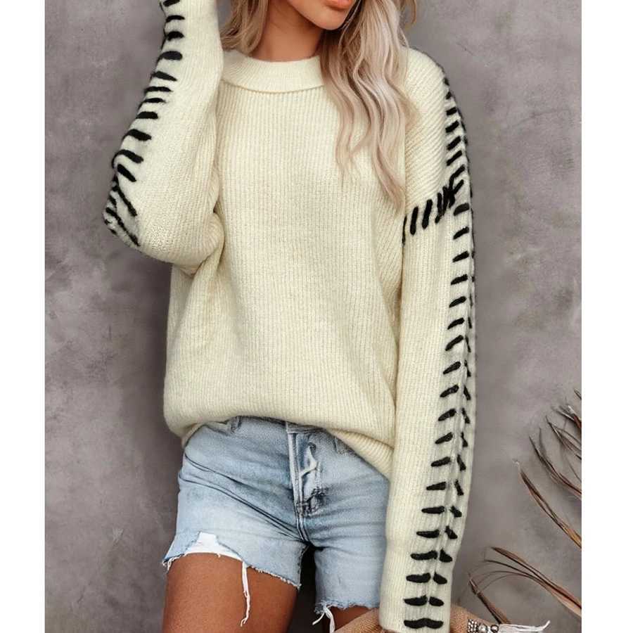 Women's Patchwork Cross Contrast Color Sweater Fashionable Casual Crew Neck Long Slve Knit Loose Fit Tops S260917YWXR