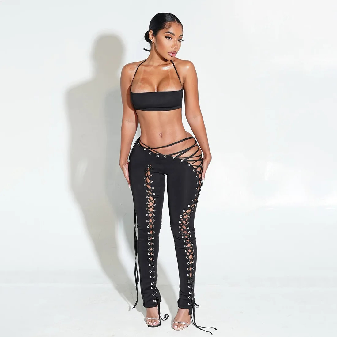 Women Solid Grommet Lace Up 2 Piece Set Halter Camisole Crop Tops Shirring Hollow Skinny Pants Y2K Clubwear Suit Streetwear 260917