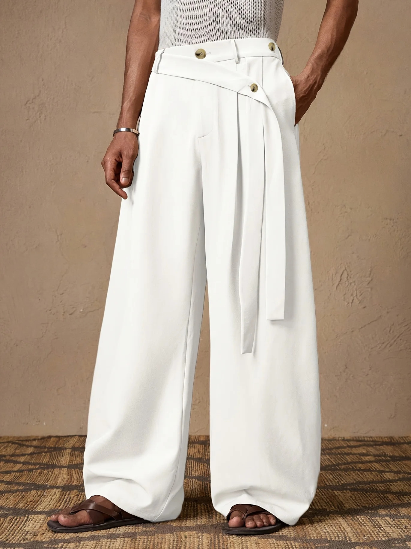 Mens High Waist Wide Leg White Trousers Asymmetrical Belt n Casual Business Pants 260917