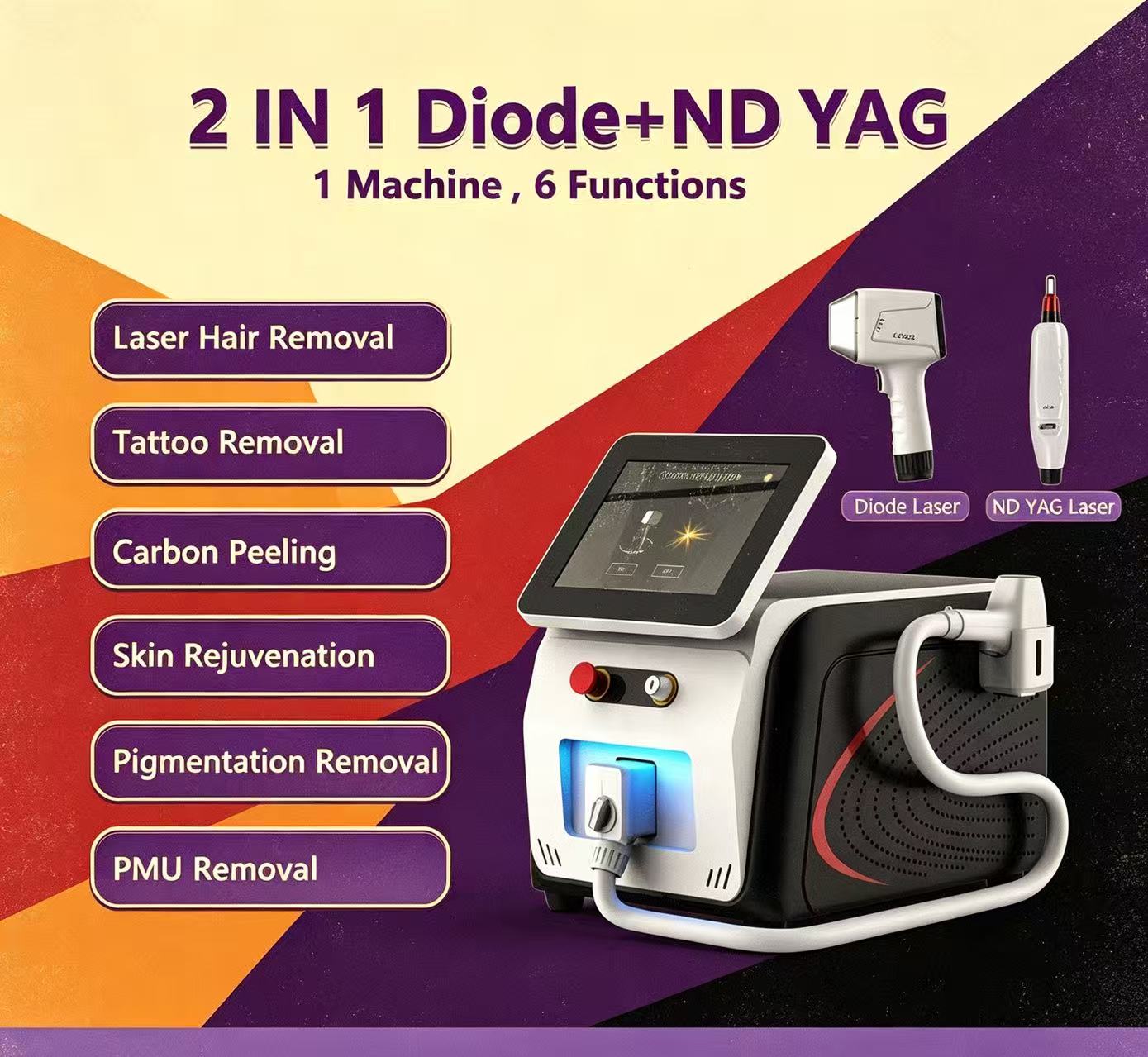 Professional Laser Aesthetic Portable 2 In 1 Diode Laser Yag Laser Device for Hair Removal & Tattoo Treatment 755nm 808nm 1064nm 940nm