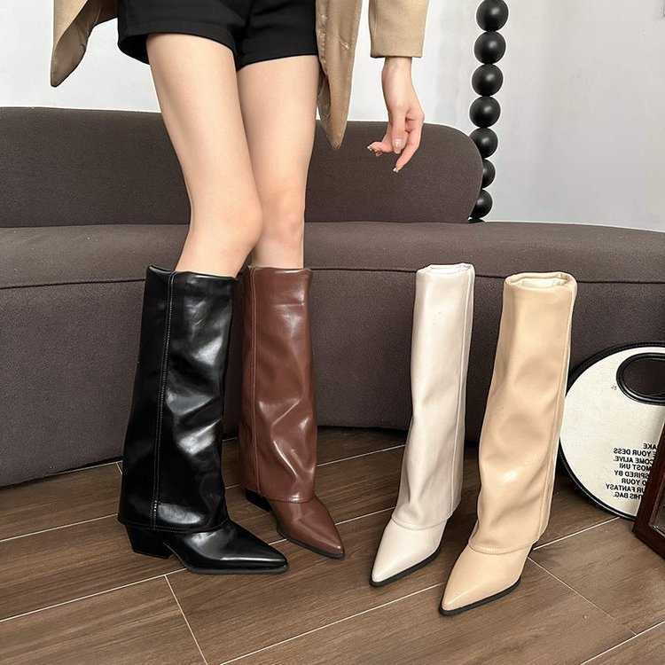 Women Gladiator Long Boots Trend Pointed Toe Mid Heels Shoes Elegant Winter New Knee High Woman Knight's Snow Botas Pumps Mujer D260917