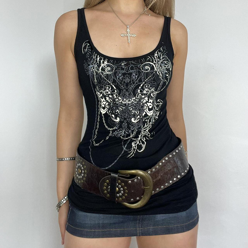 American retro-style, millennial-inspired, printed Y2K fashion tank top, streetwear, dark aesthetic, niche sleeveless top df