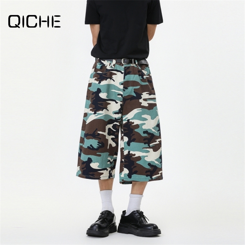 QICHE 2026 Men Retro Apricot Camo 7Length Denim Pants Wide Leg Straight Loose Casual AllMatch Daily Trousers 260818