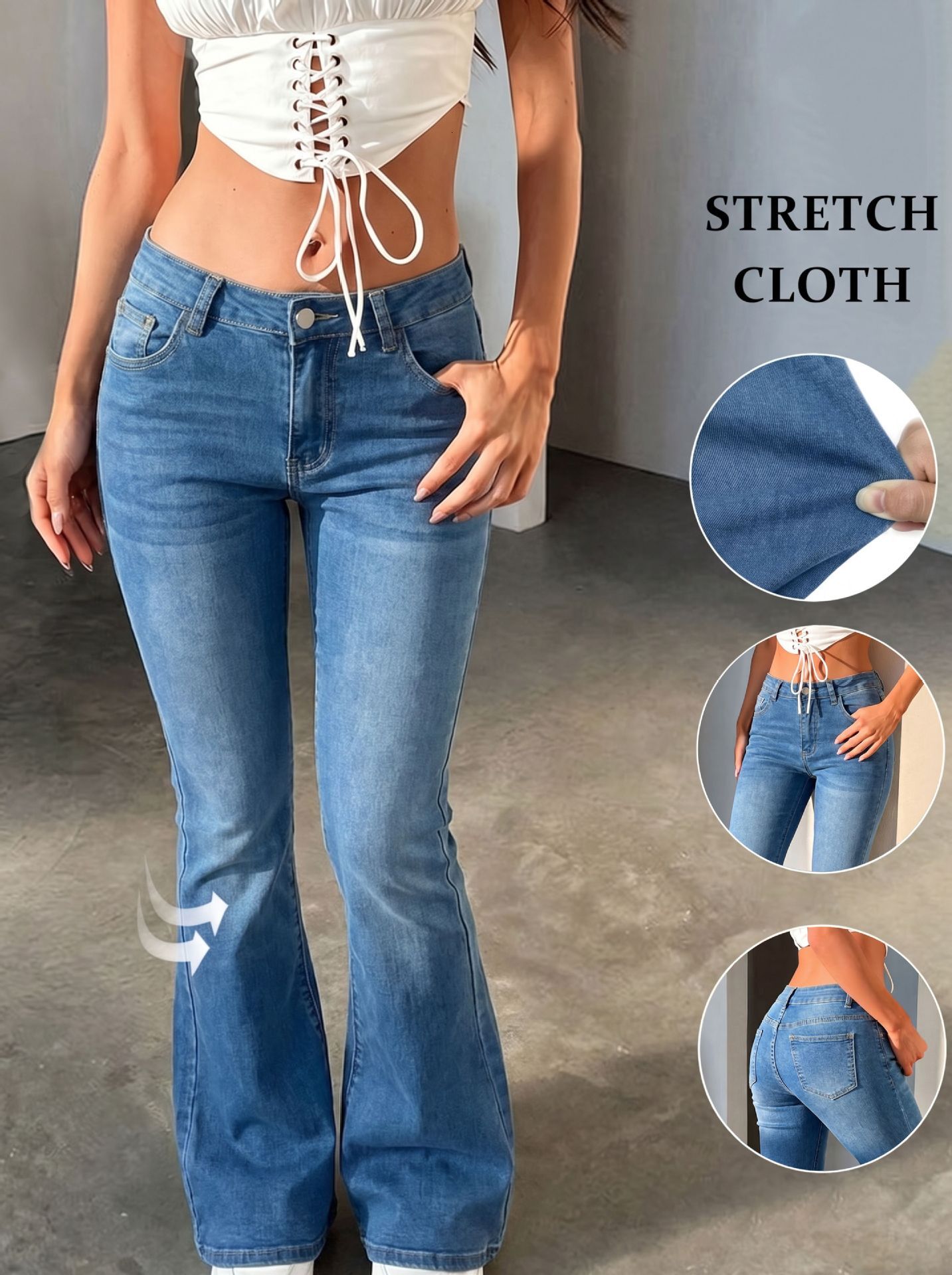 Cross-border popular retro blue jeans for women, elastic hip-lifting, slim-fit and slimming flared women's denim pants ef