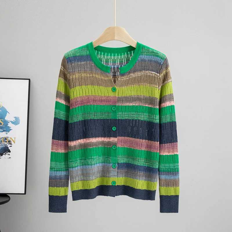 Spring Summer New Knitted Cardigan Women Thin Sunscrn Colorful Stripes cardigan Tops Korean Style Long Slve Lovely Coat S260917ZHCG
