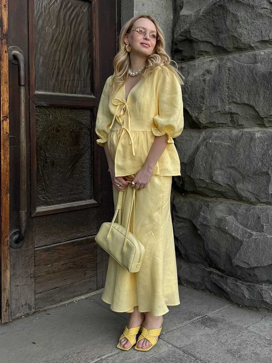 Cotton Wolfeel Summer Women's 100% V-Neck Lace-Up Bubble Slim Fit Sleeve Shirt Long Skirt Set Loose Casual Two-Piece SuitW260915