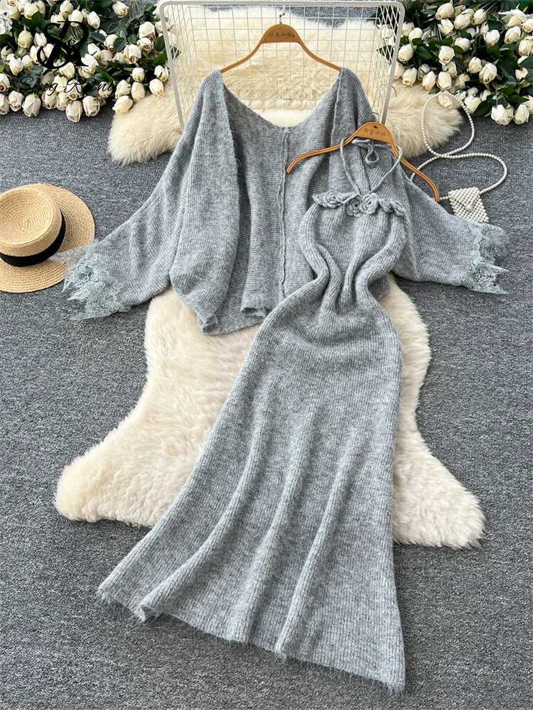 Suits SINGREINY Autumn Warm Knit Lace Splice Long Sleeve Loose Cardigan+3D Floral Strapless Halter Dress Korean Sweater SetsW260915