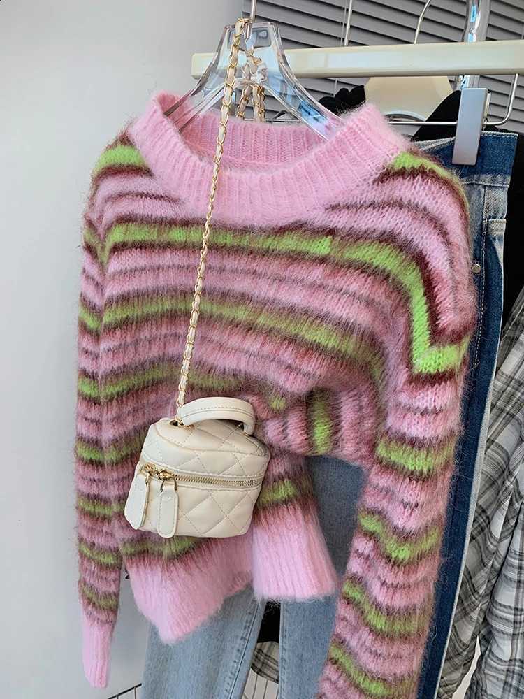 Mohair Striped Contrast Color Sweater for Women Autumn Winter Retro Lazy Short Top Korean Casual Loose Knitted Pullover J260916