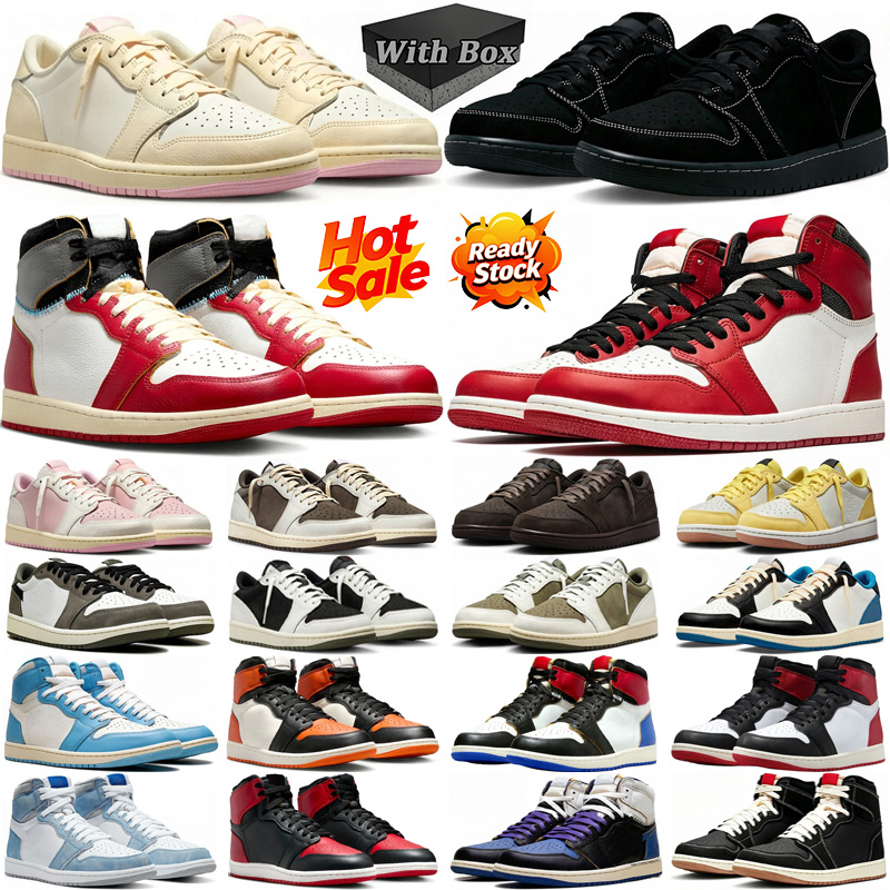 with box designer travis 1 1s high low basketball shoes men women Sail Shy Pink Black Phantom Military Blue Mocha Lost Found Black Toe dh gates mens