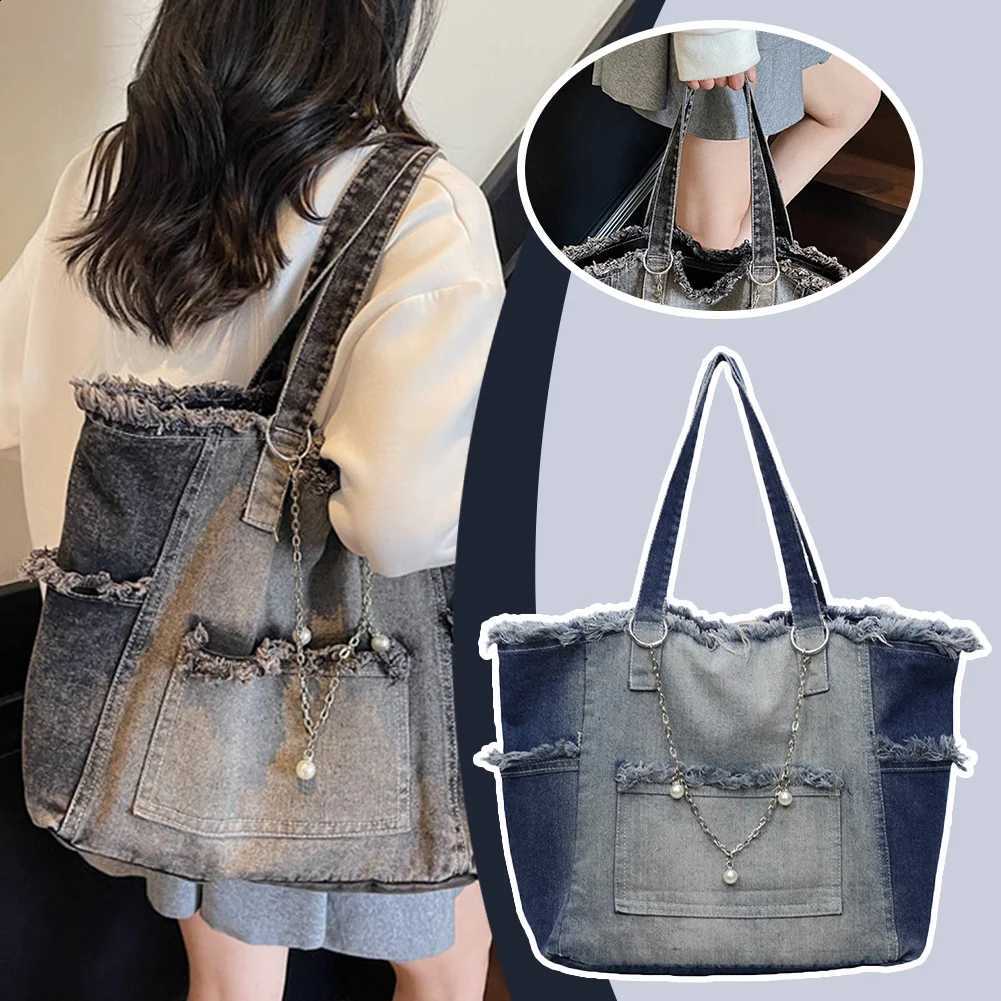 Gradient Denim Tote Bag With Large Capacity Stylish Ombre Denim Carryall Tote Women's Shoulder Bag Casual Style Handbag Shopping H260916