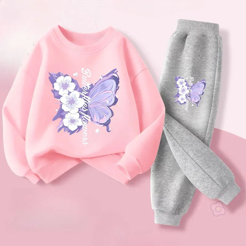 Spring Long Sleeved Top Long Pants Two Piece Sets for Girls Elegant Butterfly Printed Hoodies Suit Children's Outfits Tracksuit 260916