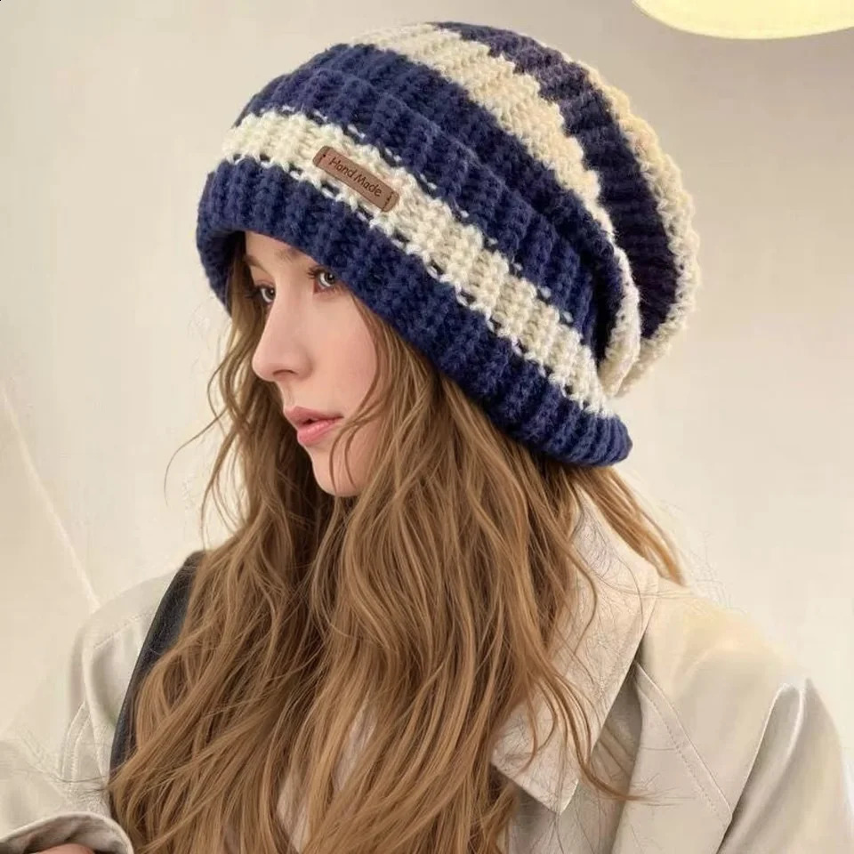 Women Slouchy Winter Hat Fashion Stripe Stitching Beanie Hat Soft Knit Hats Female Streetwear Cap 260917