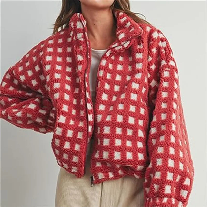 Womens Cute Sherpa Fleece Jacket Fuzzy Zip Up Checkered Cropped Going Out Jacket Teddy Fluffy Casual Y2K Outerwear 260917