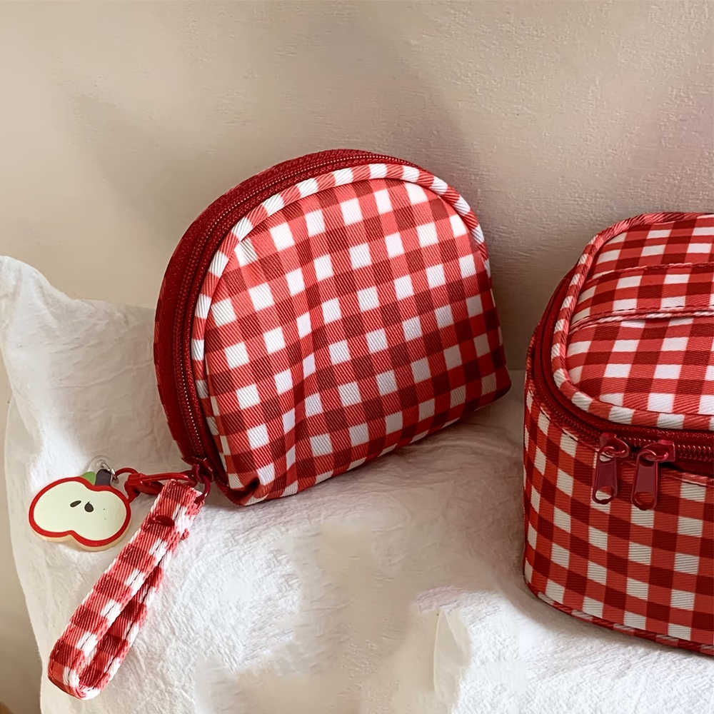 Retro Red Mini Plaid Toiletry Bag Lightweight and Portable with Wrist Strap and Handle Large Capacity with Zipper ClosureT260917