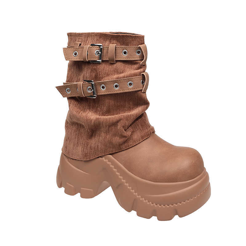 Women's Chunky Motorcycle Boots New 2025 Autumn Hidden Heels Leather Sneakers Winter Boots 8CM High Platform Ankle Boots D260917