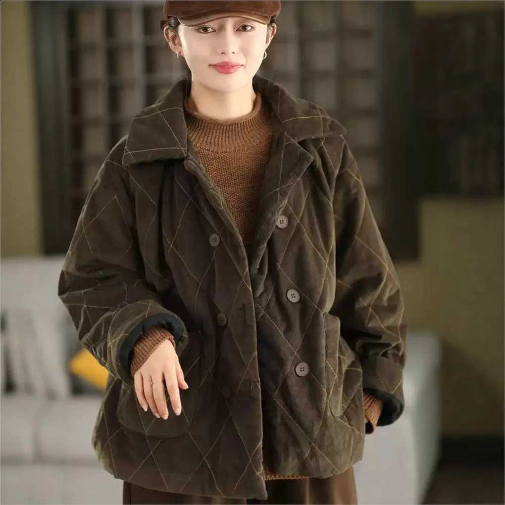 Johnature Women Vintage Corduroy Parkas Turn-dwon Collar Long Sleeve Winter Coats 2025 New Button Patchwork Pockets Parkas H260917