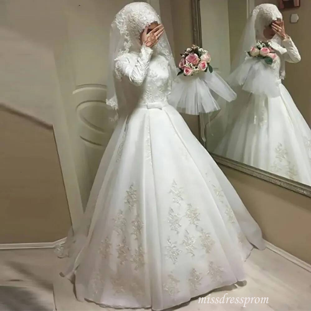Islamic Muslim White Ball Gown Wedding Dresses Bridal Gowns Formal High Neck Long Sleeve Applique Satin Ivory Zipper Lace Up Plus Size New Custom Sa