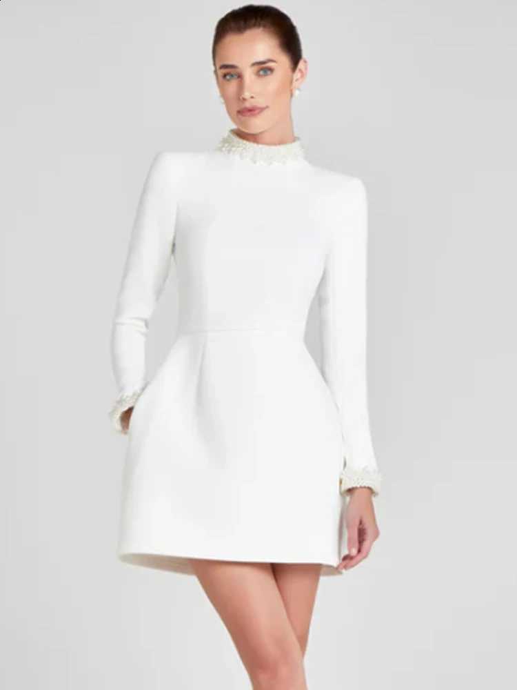 Long Sleeves Sexy Pearl Beaded Mini Dress Women White O Neck Bead Slim A-line Dresses Evening Party Formal Gowns C260917
