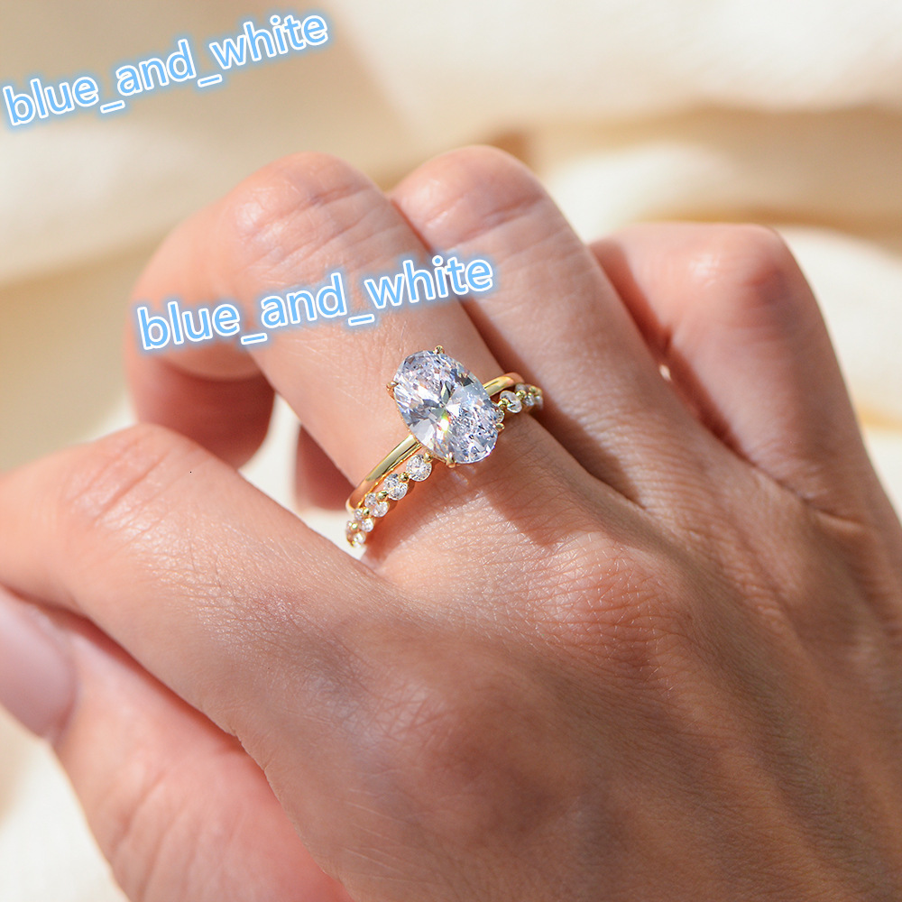 925 Sterling Silver 8*12mm Gold Plated Engagement Wedding Ring Set Fine Jewelry Factory