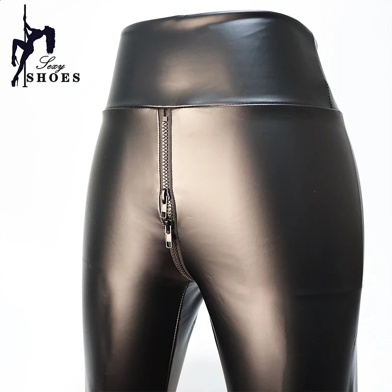 Sexy Double Zipper Open Crotch Pants for Women Large Size Black Matte Leather Exotic Bodycon Trousers Wetlook Nightclub Leggings 260917