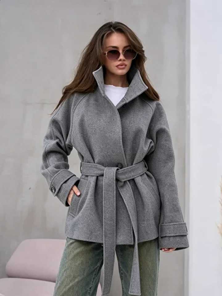 Belted Women Gray Wool Blend Coat Stand Collar Long Sleeve Loose Winter Outerwear With Waist Strp C260917