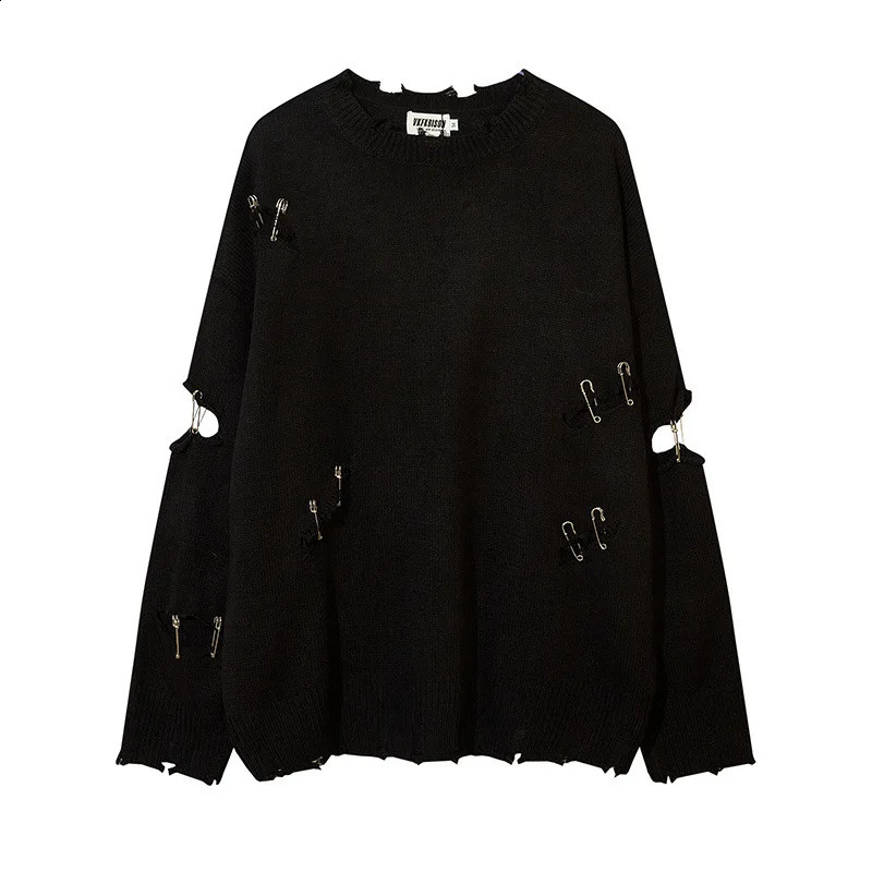 Spring Autumn Ripped Hole Pin Hip Hop Punk Sweater Pullover Men Women High Street Casual Destroyed Vintage Jumper 260917