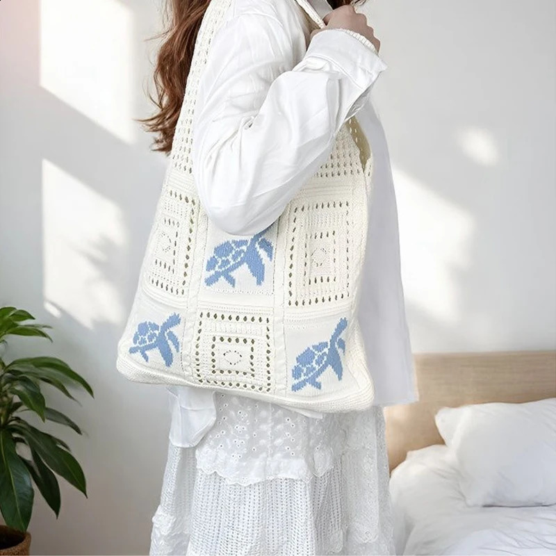 Trendy Large Capacity Crochet Tote Bag Turtle Korean Style Hollow Woven Bag Polyester Embroidered Knitting Handbag Daily 260916