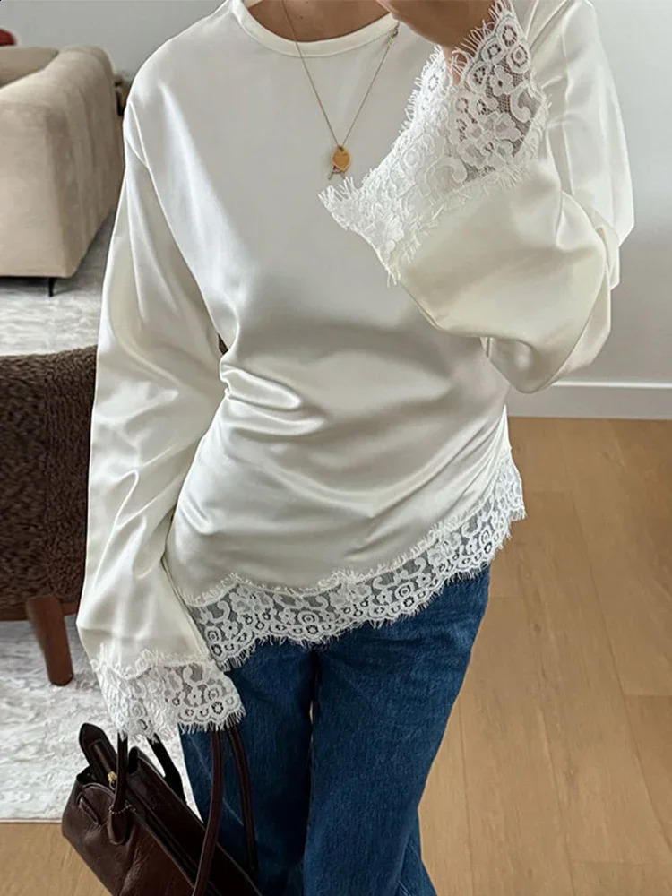 Elegant Patchwork Lace Women's Blouses Slim Lace Up O-neck Irregular Hem Female Top 2026 Spring Summer Lady All-matching Tops 260917