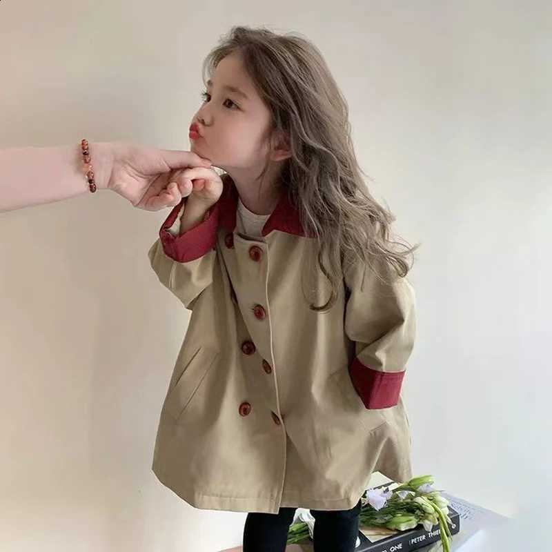 Girls Retro Style Jacket Spring Autumn Long Patchwork Loose Lapel Double-Breasted Trench Coat For 2-8Y Kids Fashion OuterwearT260916