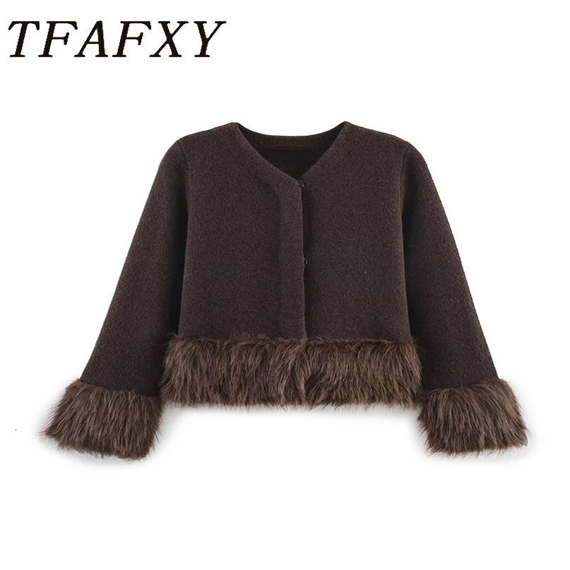 TFAFXY Women Knitted Cardigan Autumn Artificial fur spliced Long Sleeve Single Breasted Loose Sweater Female Top Y2K 260916