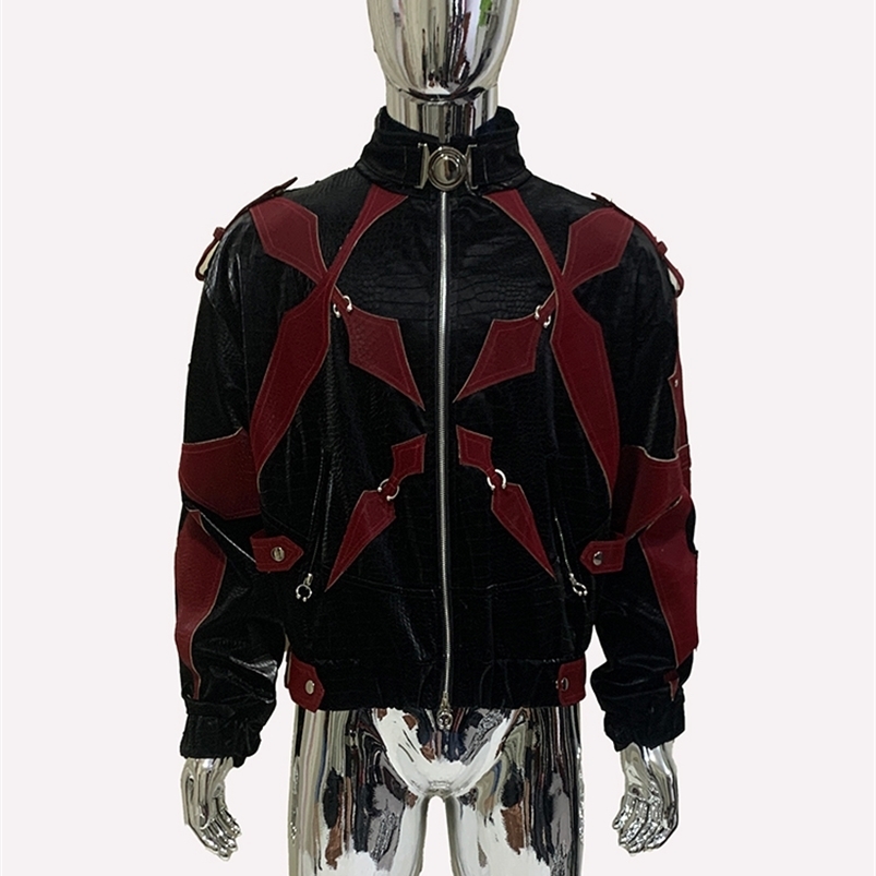 Mauroicardi Autumn Short Crocodile Print Patchwork Pu Leather Jacket Men Stand Collar Zipper Color Block Runway European Fashion 260917