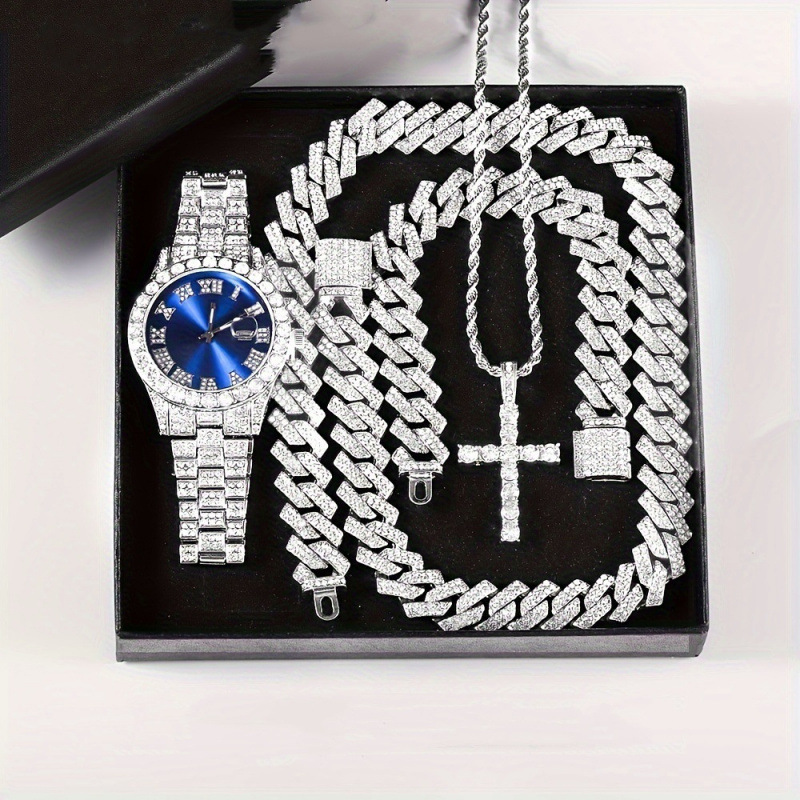 Mens Designer Watch High-end Luxury Cuban Necklace Cross Pendant Set Exquisite Design Diamond Inlay Craftsmanship Exquisite Accessories That Do Not
