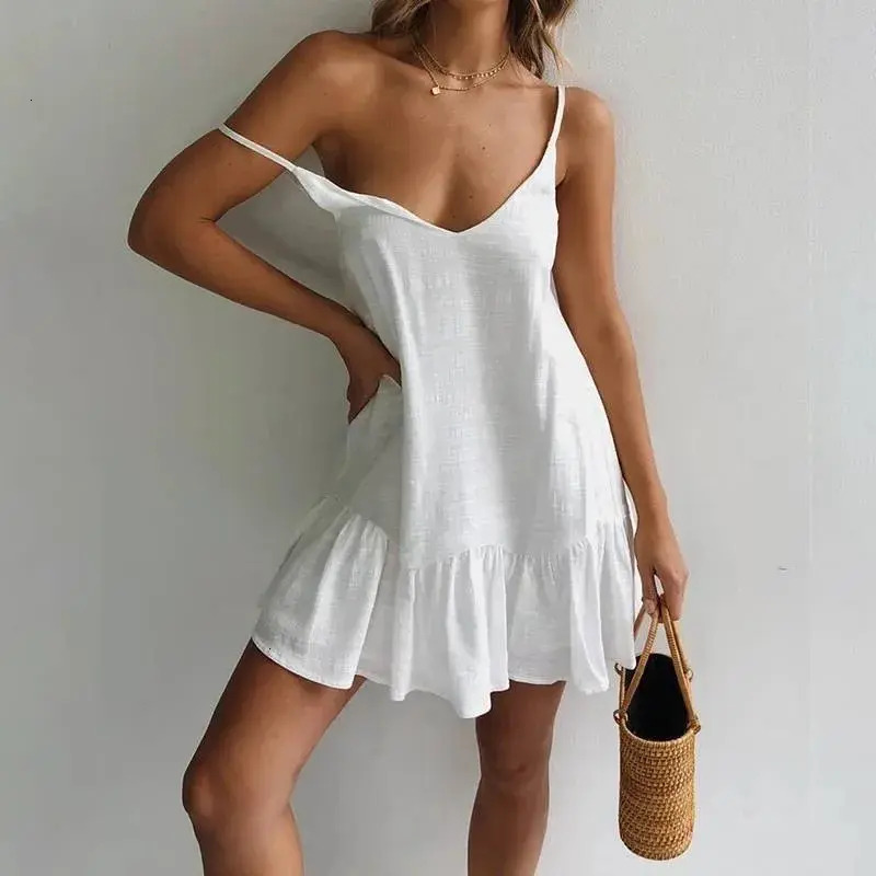Women Pajamas Spaghetti Strap Dresses Home Wear Women Summer White Shift Dress Ruffle Sexy loungewear Sundress Mini Cotton Linen Vestidos Dongdumaoy