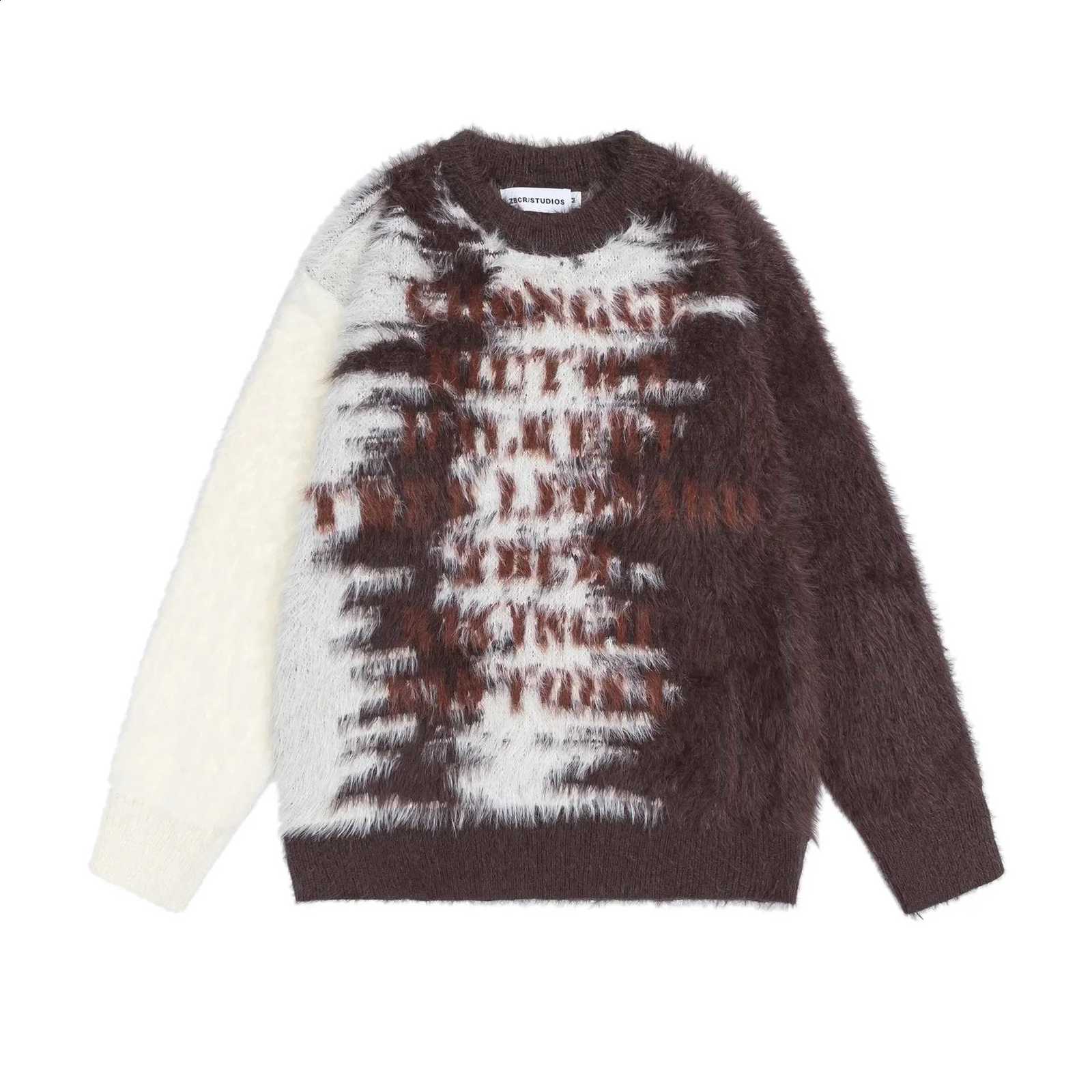 American Autumn Winter Retro Gradient Color Block Fluffy Sweater Casual Warm Street Style Lazy Knitted Shirt Crew Neck Winter Ca J260916