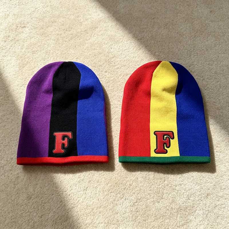 Unisex Color Block Knitted Hat With Vertical Stripes Letter F Patch Skull Hat Hip-hop Street Wear Warm Winter Casual Hat AutumnT260916