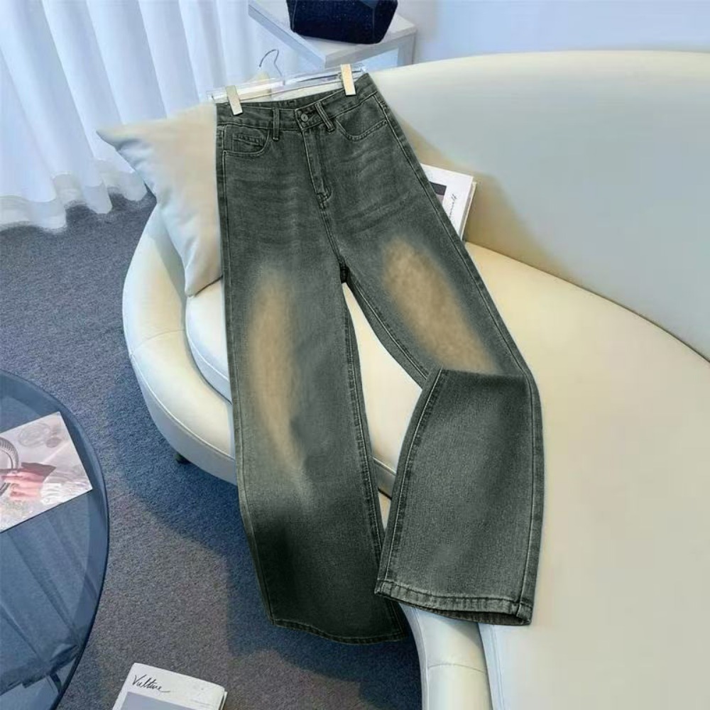Womens Large Size Blue Straight Jeans Autumn Winter Trendy Loose Wide Leg Pants