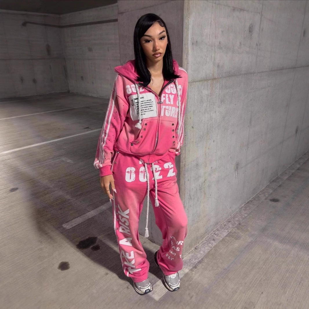 European and American Style Hooded Set Fashion Casual Long Pants Printed Hip Hop Rock Unisex Sweatshirt Jacket df