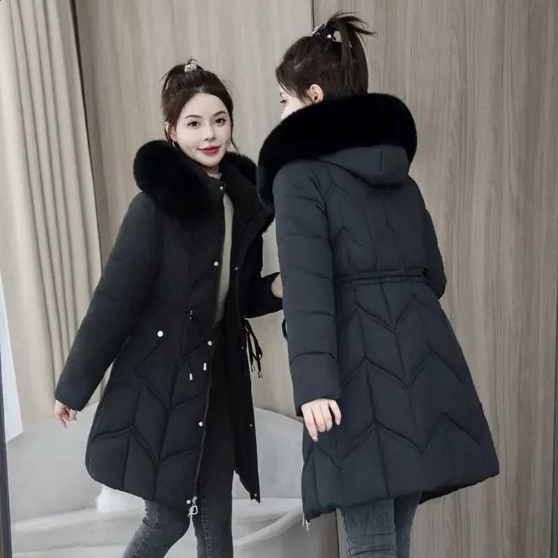 Autumn Winter Women Parkas Korean Fashion Solid Fur Collar Hooded Pockets Zipper Corset Thicken Loog Cardigan Down Coats Tops H2609171