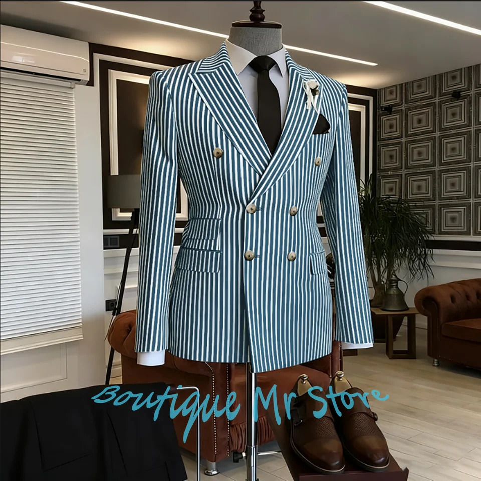 HighEnd Mens Blue White Striped DoubleBreasted Suits Elegant 2PieceJacketPants Set Formal Business Gentlemens Costume 260916