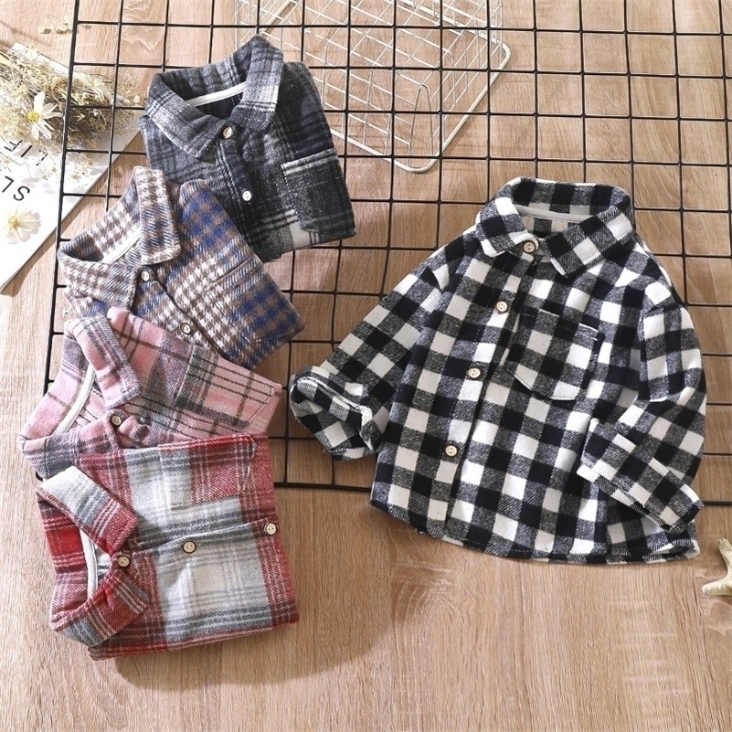 2-12Y Boys Girls Shirt Long Sleeved 2025 Autumn Winter Plaid T-Shirt Children's Retro Cardigan Lapel Jackets Kids Tops Wholesale 260902